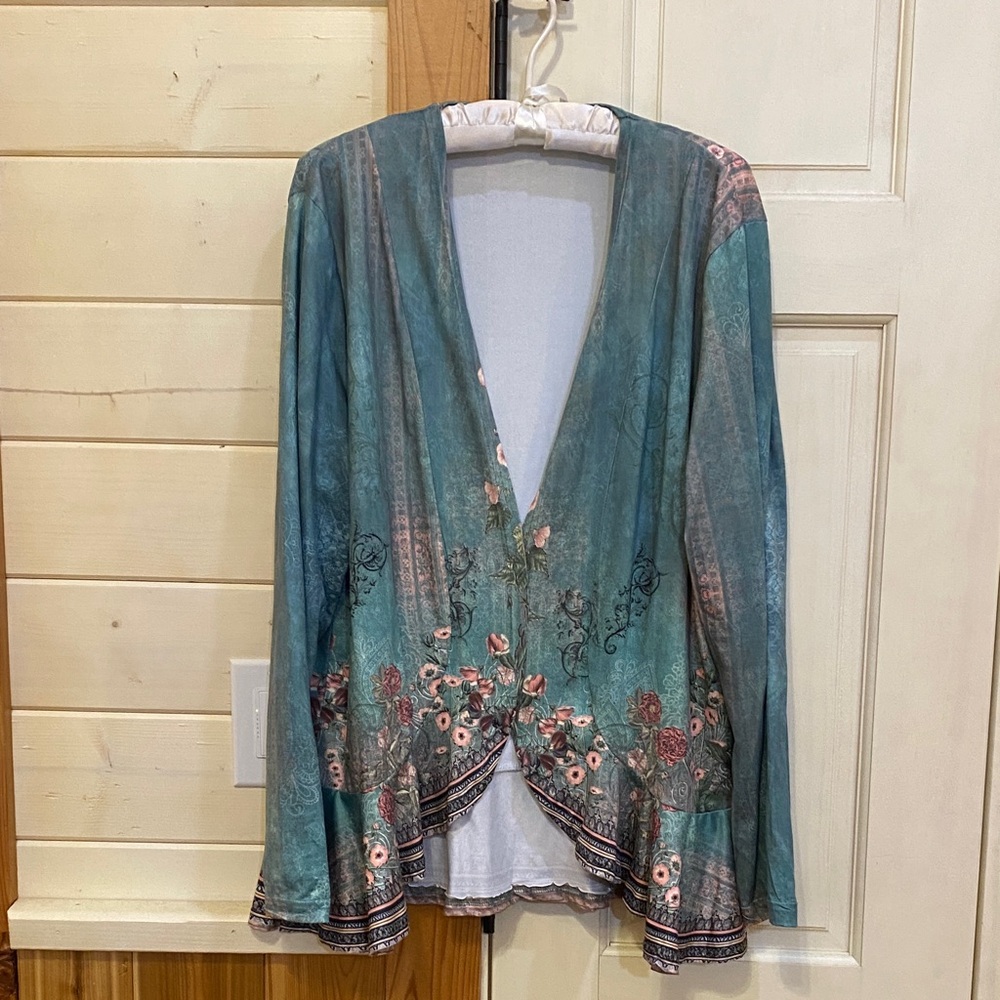 Teal Floral Boho Open Cardigan
